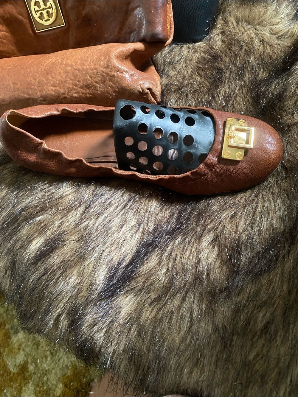 Tory Burch Chestnut Brown Leather Ballet Flat with Gold Logo Plaque